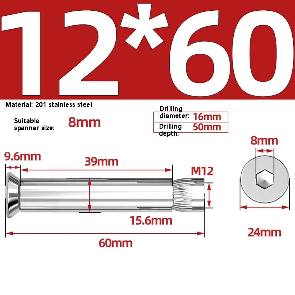 M6–M12 Countersunk Expansion Bolts | 201 Stainless Steel Hex Socket Sleeve Anchors