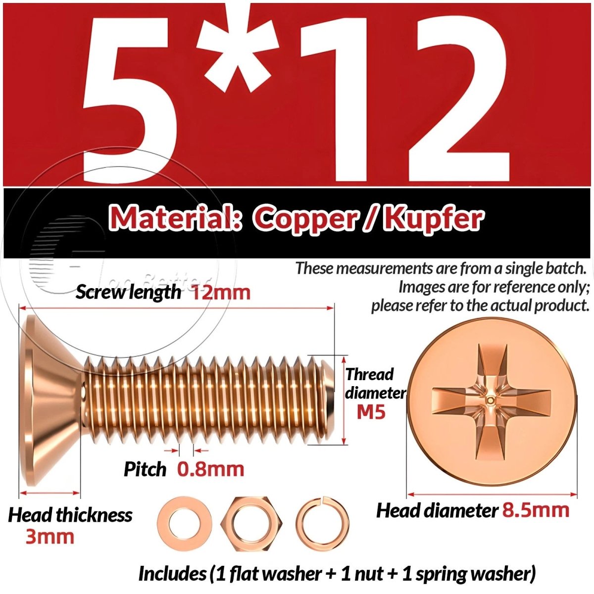 T2 Copper Pozi Countersunk Machine Screws with Flat Washer & Nut | M3–M10 - HomeDIYer
