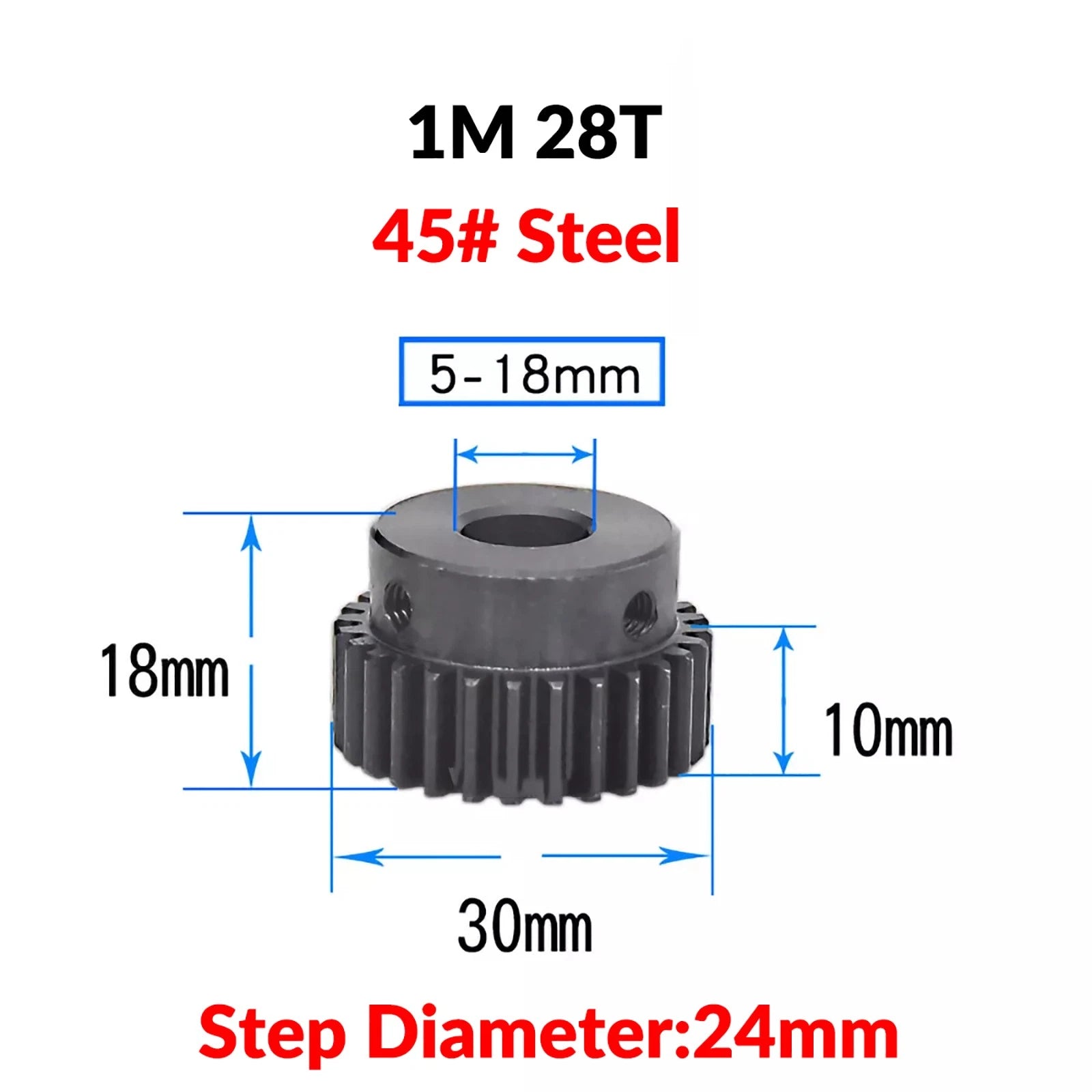 Mod 1 45# Steel Pinion Gear Spur Gears 10-60 T 14-50mm Bore With Step Motor Gear