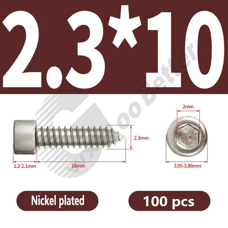 M1.7 M2 M2.3 M2.6 M3 M3.5 M4 M5 M6 Socket Head Self‑Tapping Screws – Alloy Steel, Nickel or Black Zinc