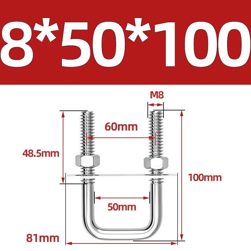 M8 Square U - Bolts Stainless Steel A2 with Plates and Nuts — Multiple Sizes - HomeDIYer