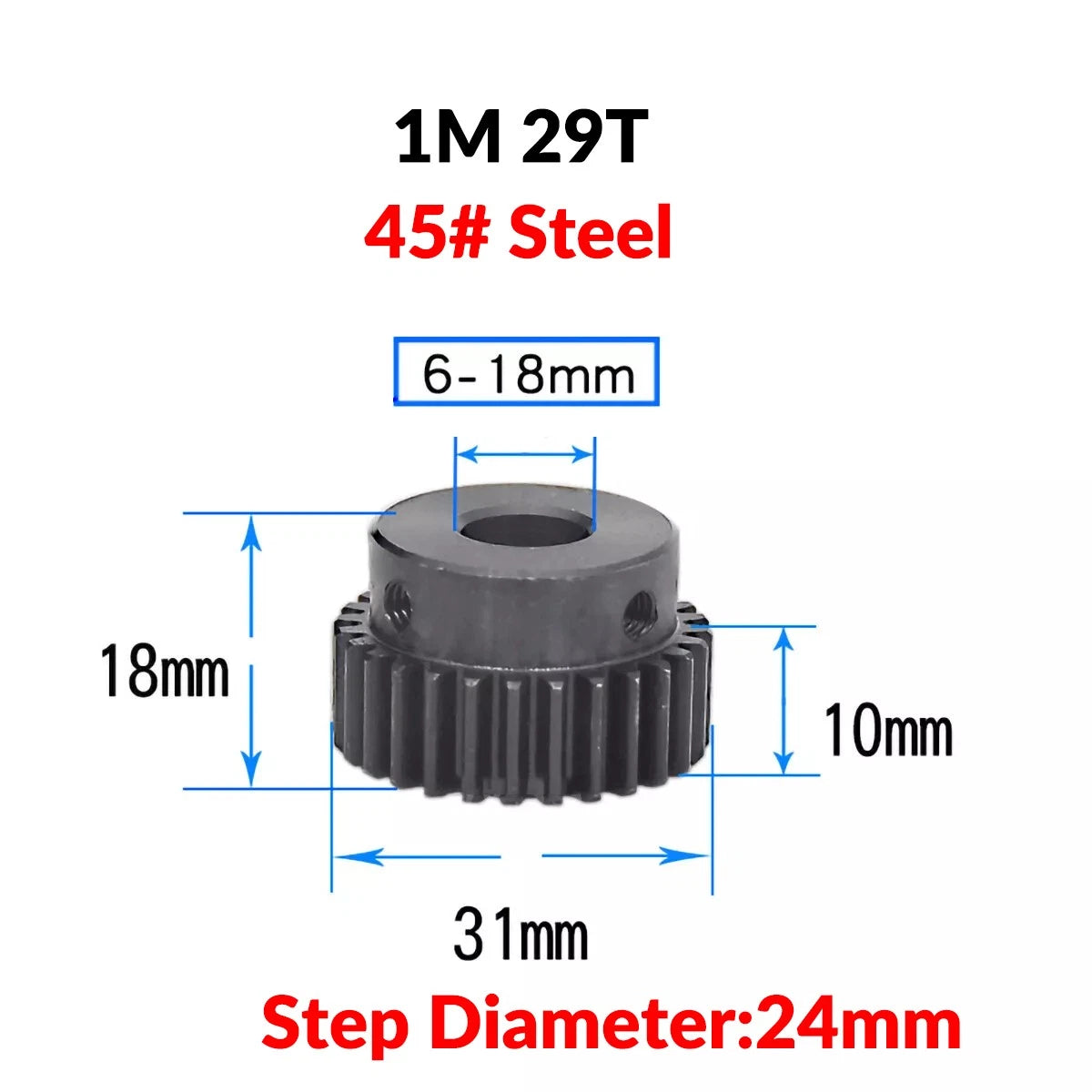 Mod 1 45# Steel Pinion Gear Spur Gears 10-60 T 14-50mm Bore With Step Motor Gear