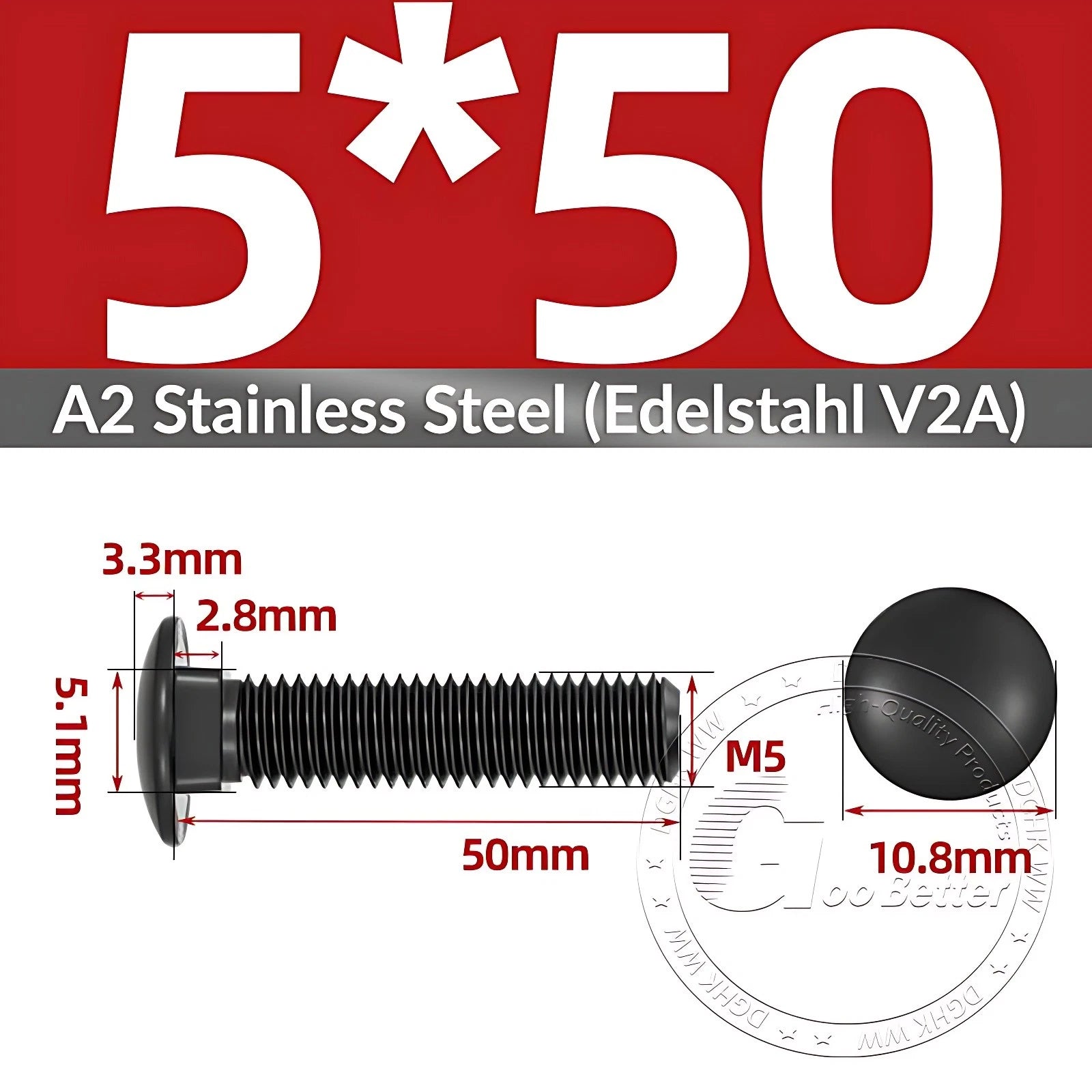 Black Stainless Steel Carriage Bolts M3–M12 | A2 Cup Square Dome Screws