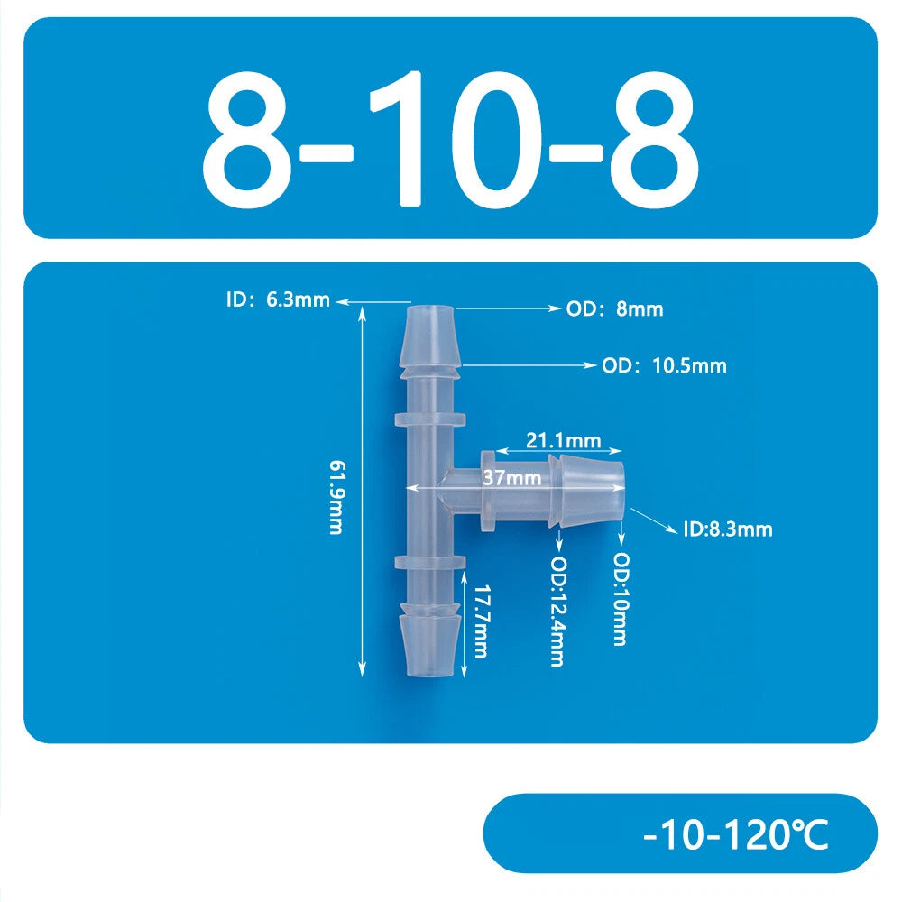 Plastic T-Type Barb Reducing Hose Fitting | 3-Way Tube Connector 1.6mm–14mm