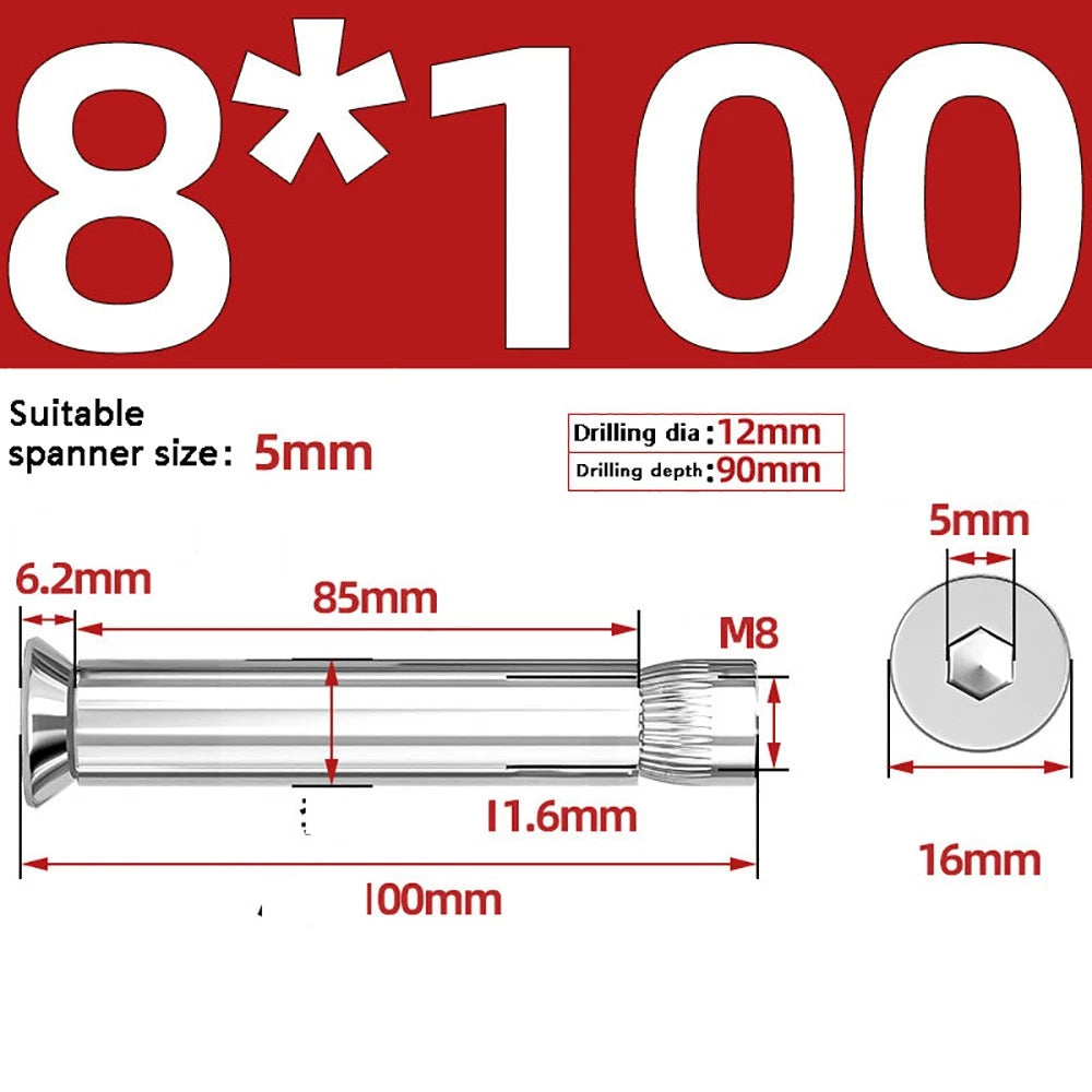 M6–M12 Countersunk Hex Socket Expansion Bolts — 304 & 201 Stainless Steel, A-Type & B-Type