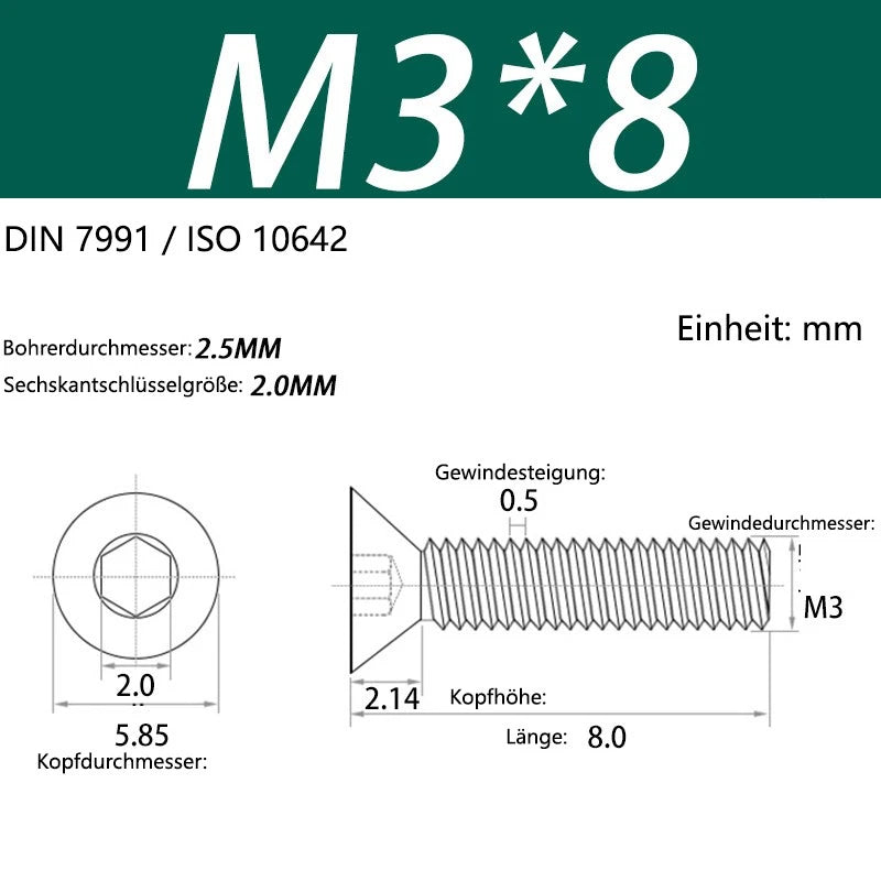 6063 Aluminium Allen Socket Countersunk Screws DIN 7991 — M2 to M8