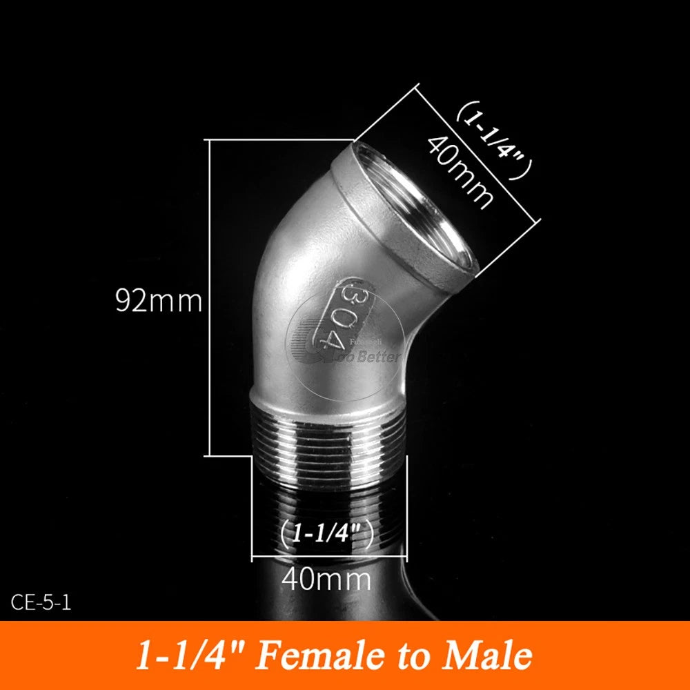 45° BSPT Threaded Elbow Pipe Fittings — A2 Stainless Steel, 1/8" to 4", Female & Female-to-Male