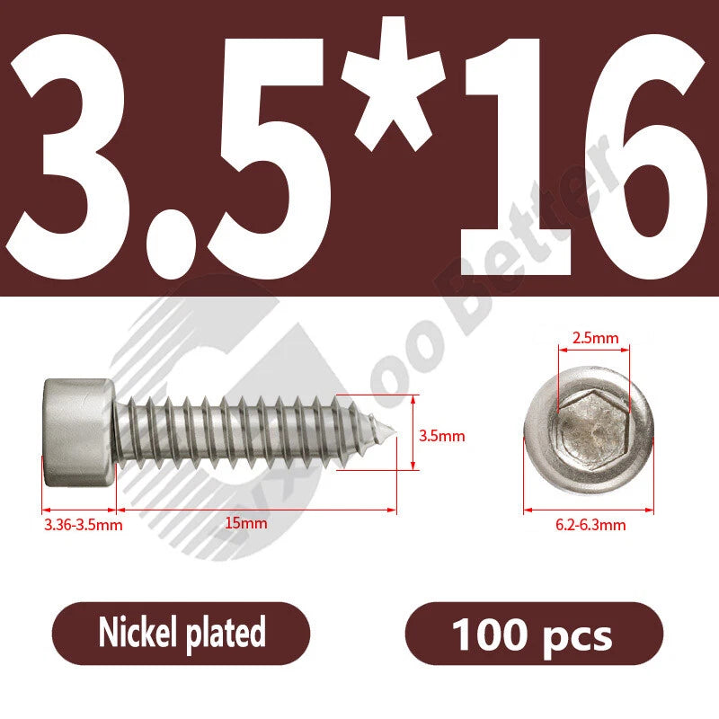 M1.7 M2 M2.3 M2.6 M3 M3.5 M4 M5 M6 Socket Head Self‑Tapping Screws – Alloy Steel, Nickel or Black Zinc