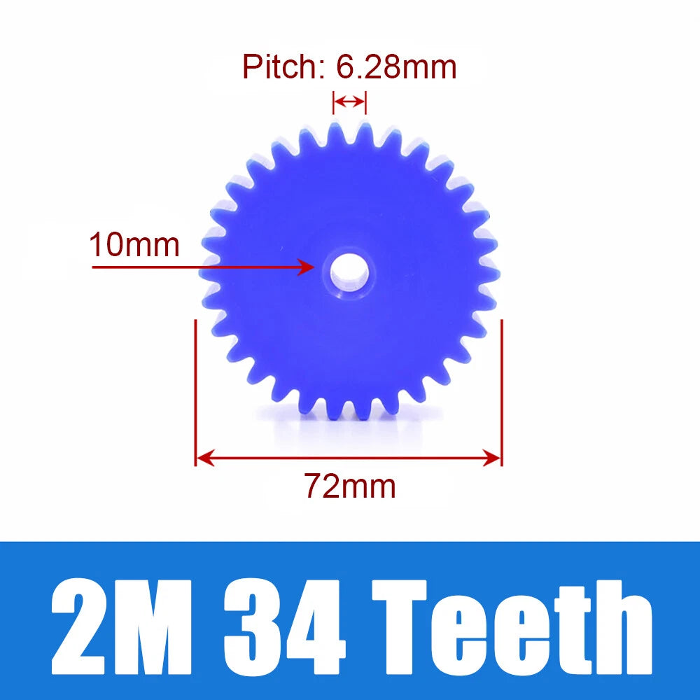 2 Modulus Blue Nylon Spur Gear, Cylinder Flat Gears 12~100 Teeth, 6/8/10mm Bore