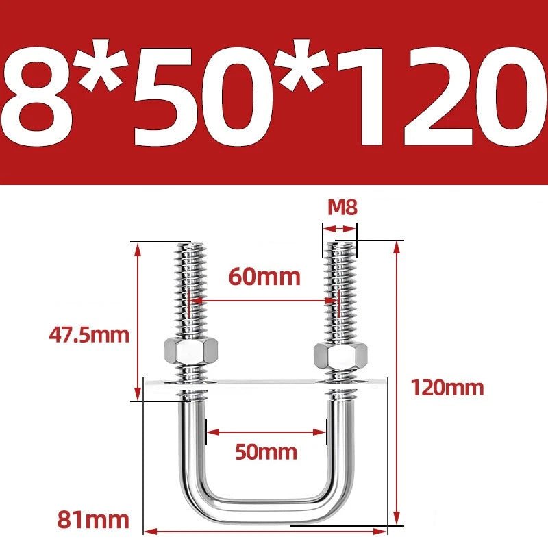 M8 Square U - Bolts Stainless Steel A2 with Plates and Nuts — Multiple Sizes - HomeDIYer