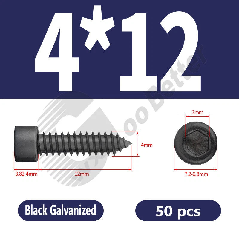 M1.7 M2 M2.3 M2.6 M3 M3.5 M4 M5 M6 Socket Head Self‑Tapping Screws – Alloy Steel, Nickel or Black Zinc