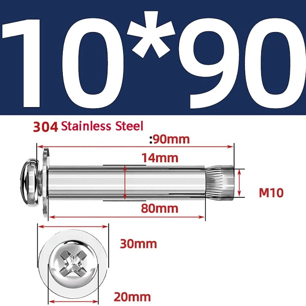 M6 M8 M10 Stainless Steel Expansion Screws — Round Head Phillips Drive, 40–100mm