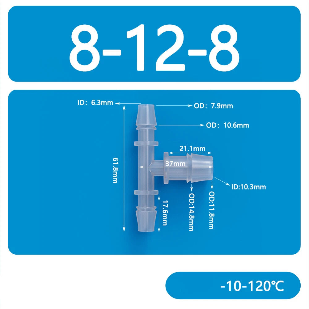 Plastic T-Type Barb Reducing Hose Fitting | 3-Way Tube Connector 1.6mm–14mm
