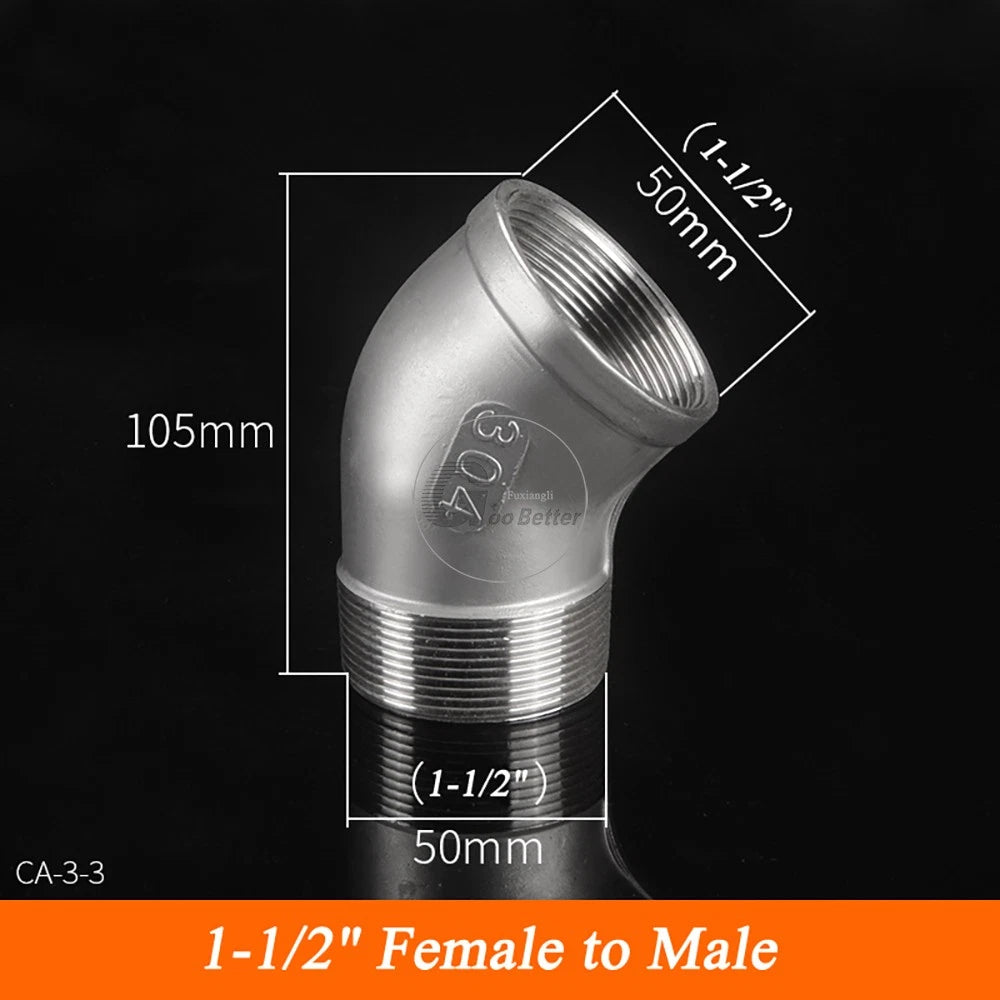 45° BSPT Threaded Elbow Pipe Fittings — A2 Stainless Steel, 1/8" to 4", Female & Female-to-Male