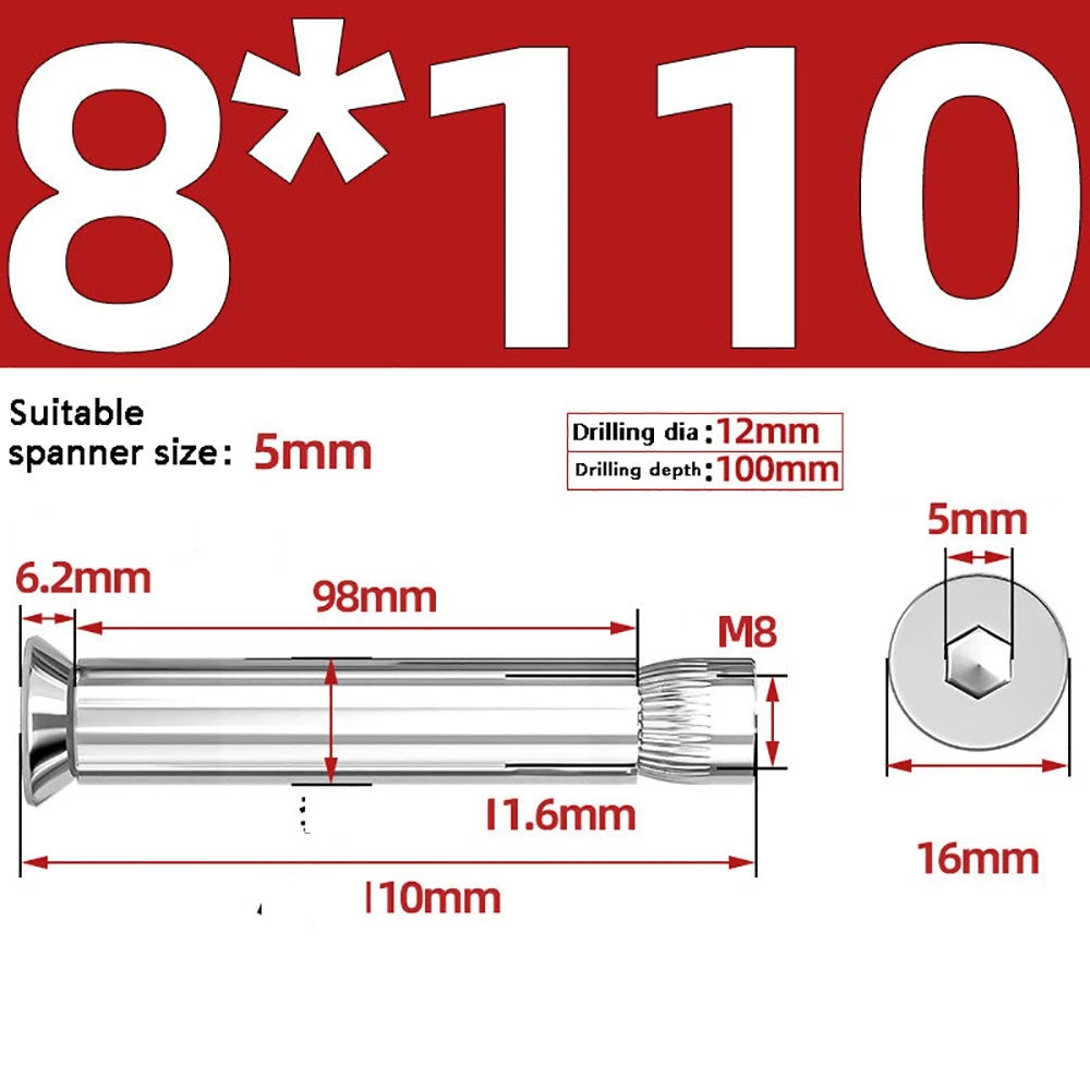 M6–M12 Countersunk Hex Socket Expansion Bolts — 304 & 201 Stainless Steel, A-Type & B-Type