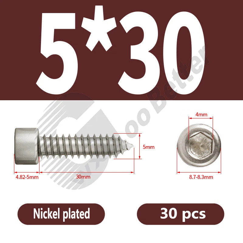 M1.7 M2 M2.3 M2.6 M3 M3.5 M4 M5 M6 Socket Head Self‑Tapping Screws – Alloy Steel, Nickel or Black Zinc