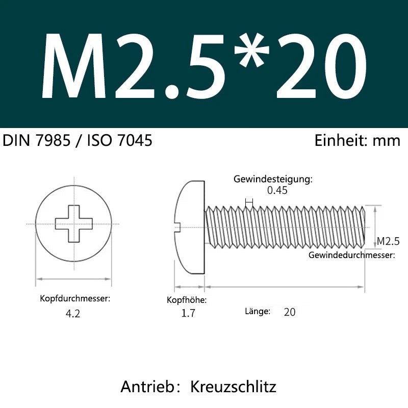 6063 Aluminium Phillips Pan Head Machine Screws DIN 7985 — M1.7 to M6 Metric
