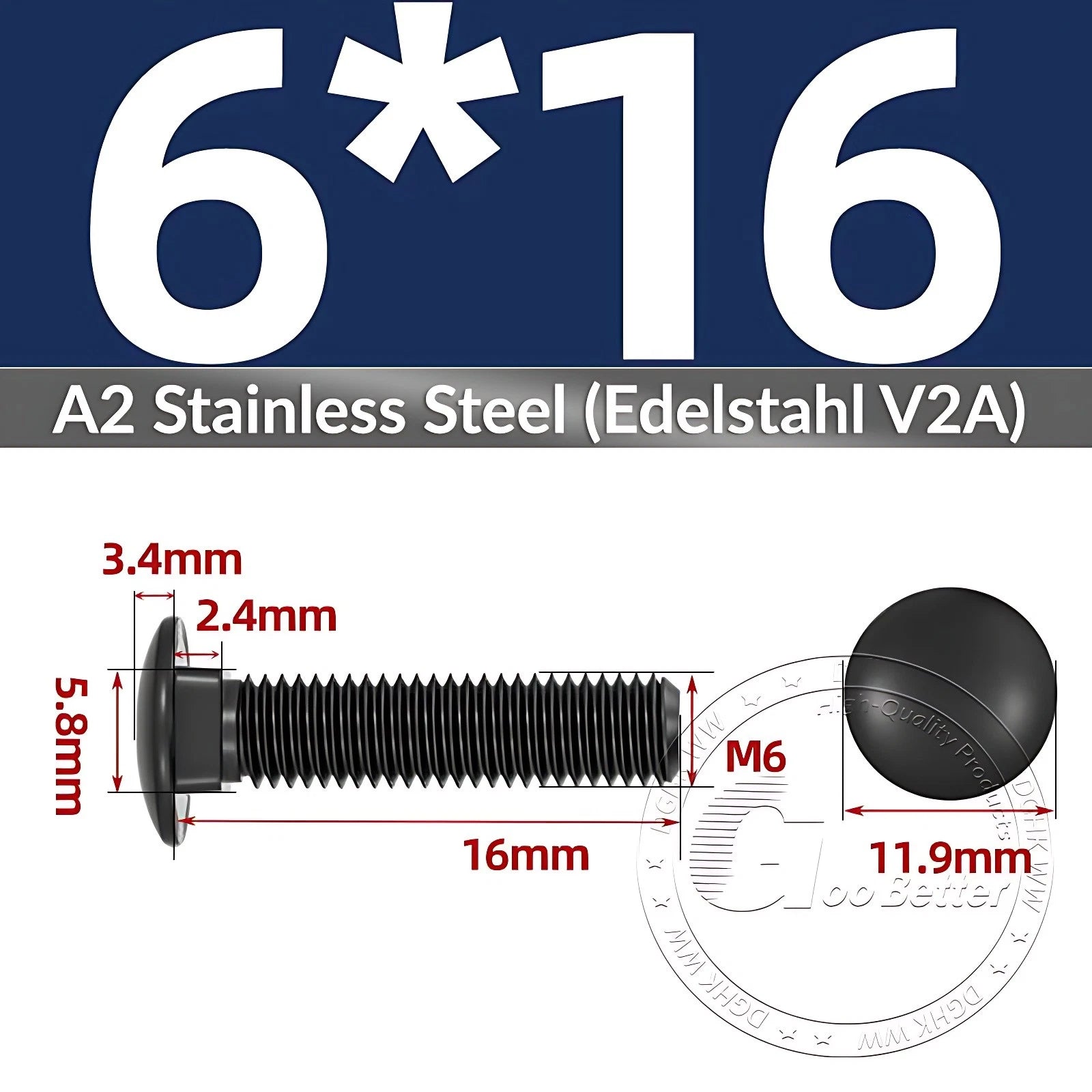 Black Stainless Steel Carriage Bolts M3–M12 | A2 Cup Square Dome Screws