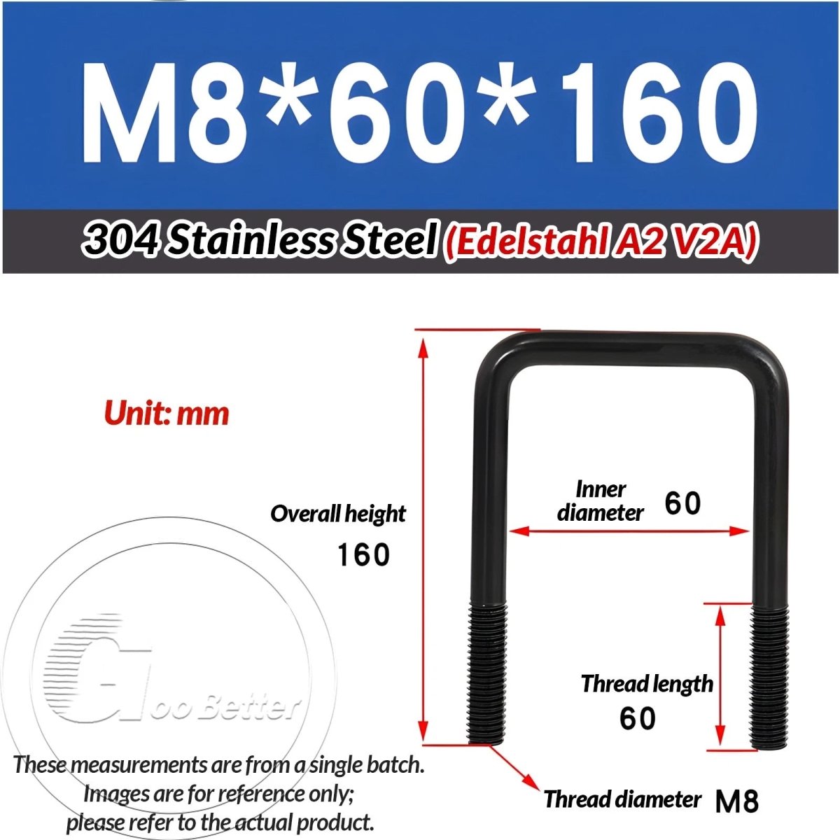 Black Square U - Bolts 304 Stainless Steel Fixing Clamp — M6 M8 M10 - HomeDIYer
