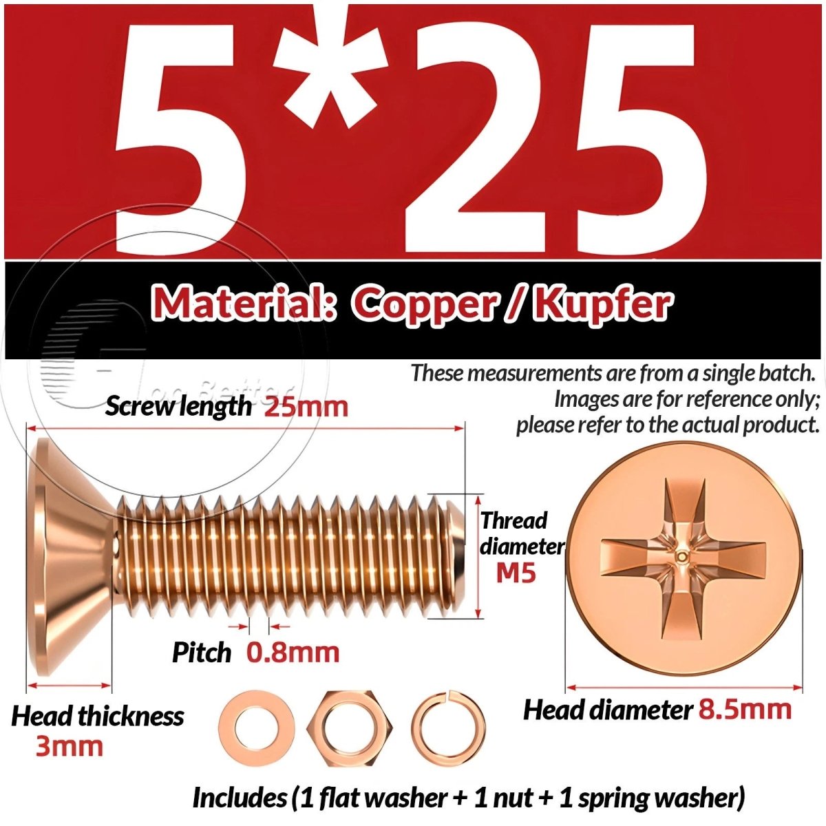 T2 Copper Pozi Countersunk Machine Screws with Flat Washer & Nut | M3–M10 - HomeDIYer