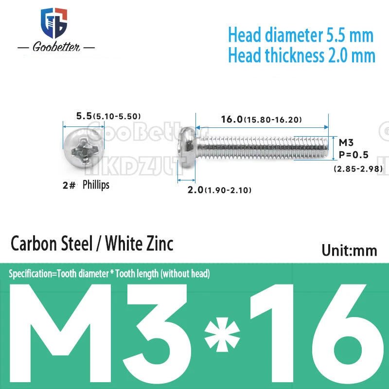 M3 Phillips Round Pan Head Machine Screws — Carbon Steel, 4–30mm, 100–500 PCS - HomeDIYer