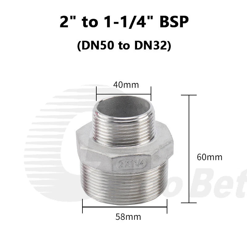 304 Stainless Steel Reducing Hex Nipple BSP Male Thread Pipe Fitting | 1/8" to 2"