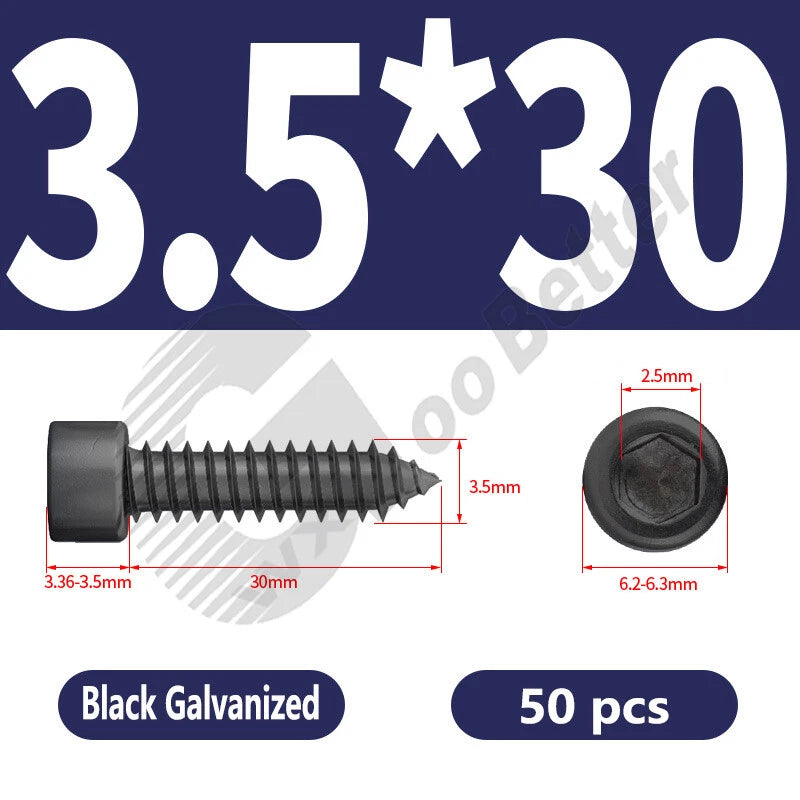 M1.7 M2 M2.3 M2.6 M3 M3.5 M4 M5 M6 Socket Head Self‑Tapping Screws – Alloy Steel, Nickel or Black Zinc