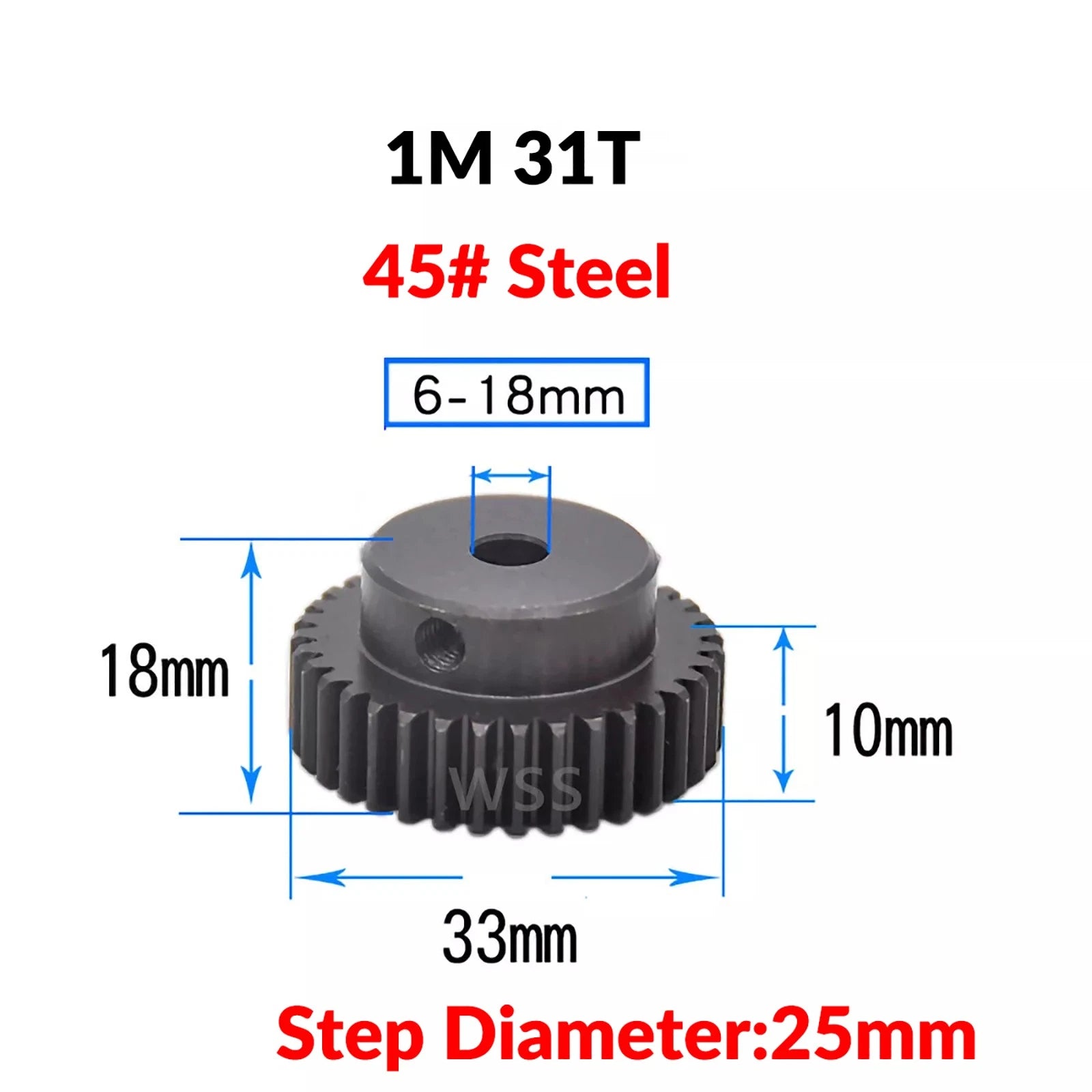 Mod 1 45# Steel Pinion Gear Spur Gears 10-60 T 14-50mm Bore With Step Motor Gear