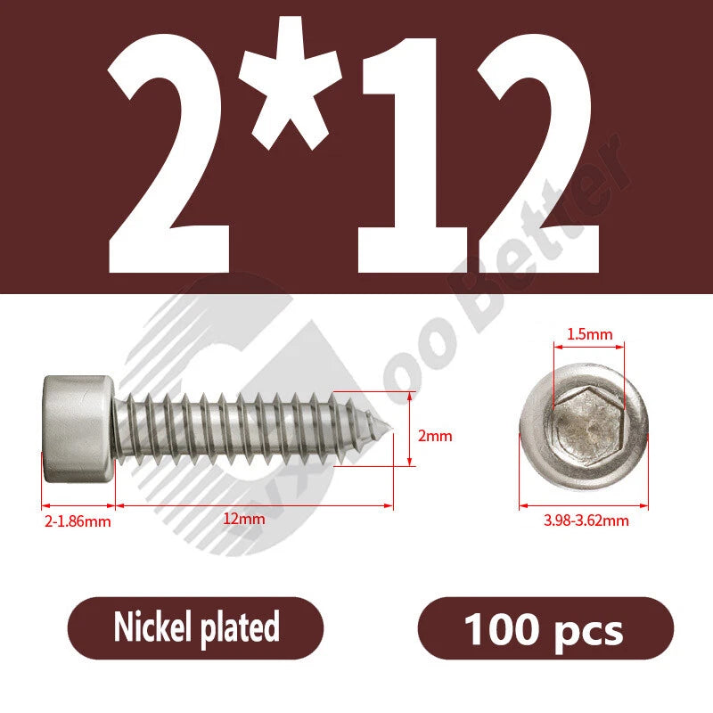 M1.7 M2 M2.3 M2.6 M3 M3.5 M4 M5 M6 Socket Head Self‑Tapping Screws – Alloy Steel, Nickel or Black Zinc