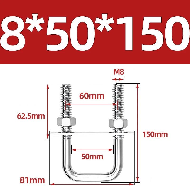 M8 Square U - Bolts Stainless Steel A2 with Plates and Nuts — Multiple Sizes - HomeDIYer