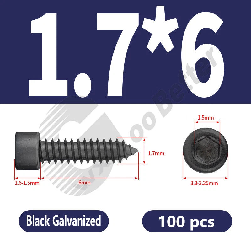 M1.7 M2 M2.3 M2.6 M3 M3.5 M4 M5 M6 Socket Head Self‑Tapping Screws – Alloy Steel, Nickel or Black Zinc