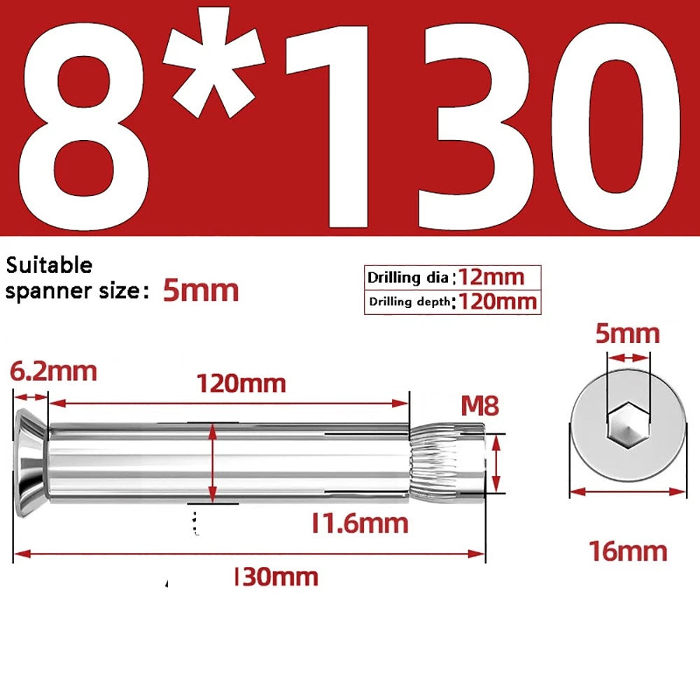 M6–M12 Countersunk Hex Socket Expansion Bolts — 304 & 201 Stainless Steel, A-Type & B-Type