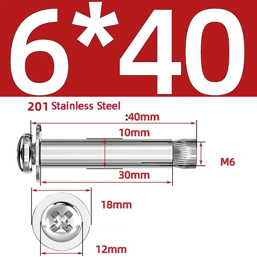 M6 M8 M10 Stainless Steel Expansion Screws — Round Head Phillips Drive, 40–100mm