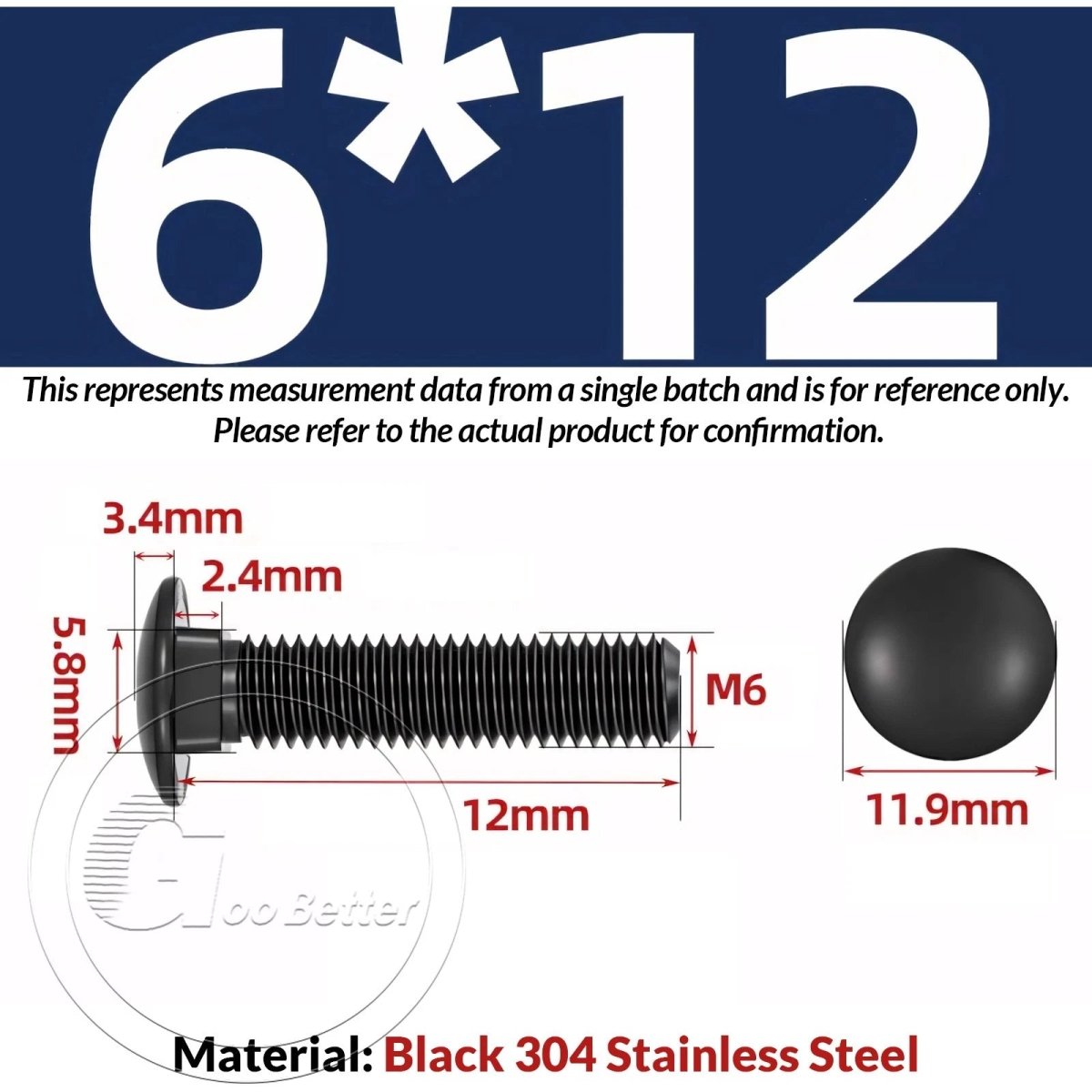 Black Carriage Bolts M3 M4 M5 M6 — Cup Square Domed Head, A2 - 70 Stainless Steel - HomeDIYer