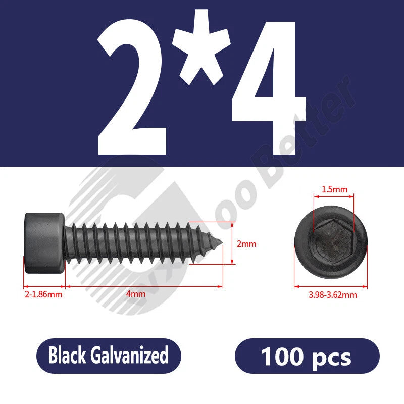M1.7 M2 M2.3 M2.6 M3 M3.5 M4 M5 M6 Socket Head Self‑Tapping Screws – Alloy Steel, Nickel or Black Zinc