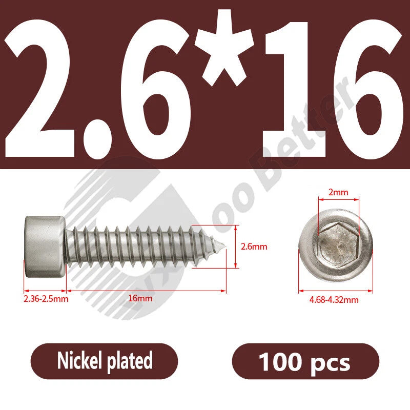 M1.7 M2 M2.3 M2.6 M3 M3.5 M4 M5 M6 Socket Head Self‑Tapping Screws – Alloy Steel, Nickel or Black Zinc