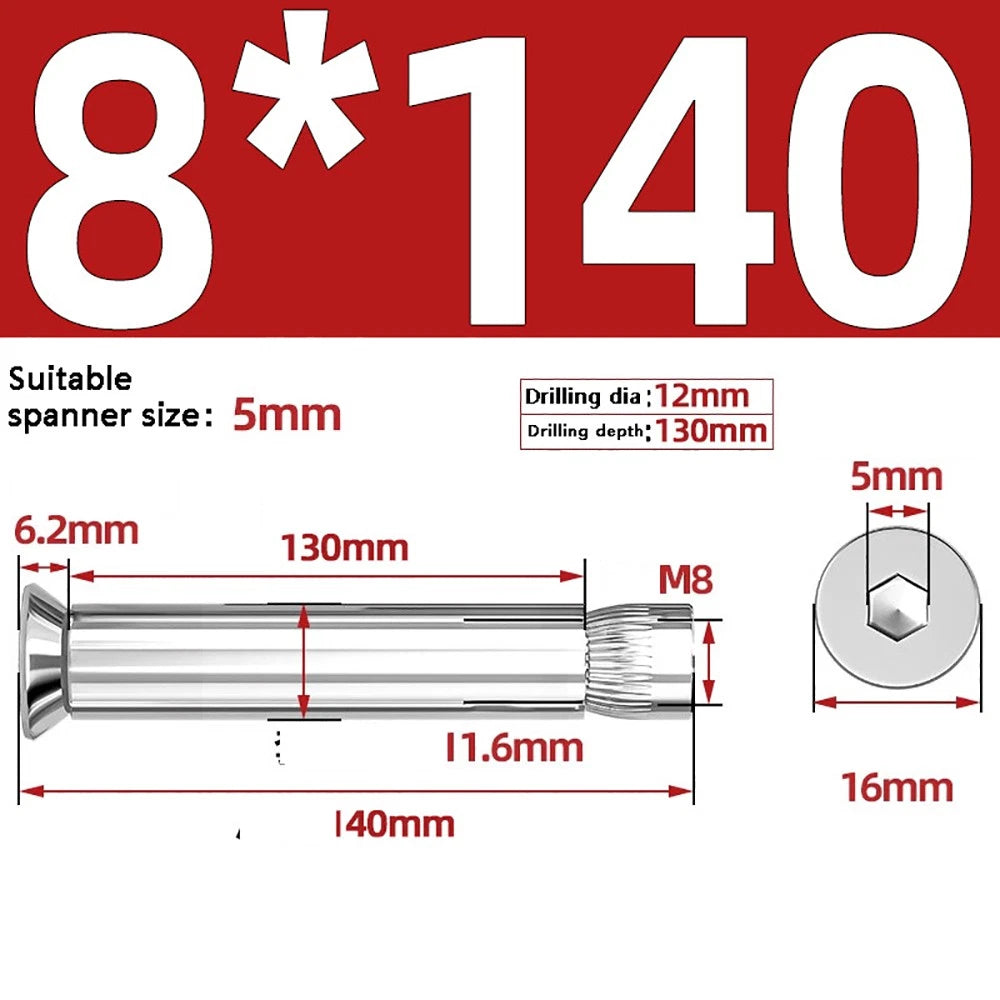M6–M12 Countersunk Hex Socket Expansion Bolts — 304 & 201 Stainless Steel, A-Type & B-Type
