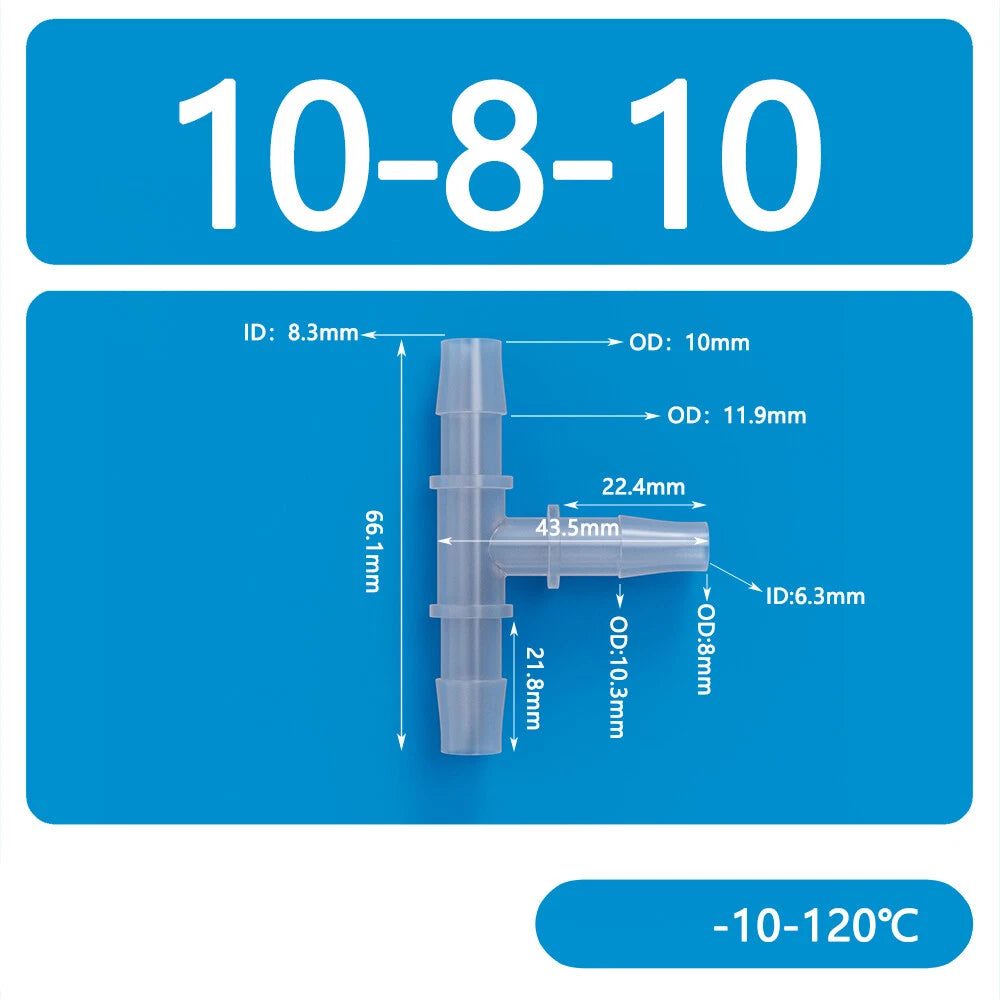 Plastic T-Type Barb Reducing Hose Fitting | 3-Way Tube Connector 1.6mm–14mm