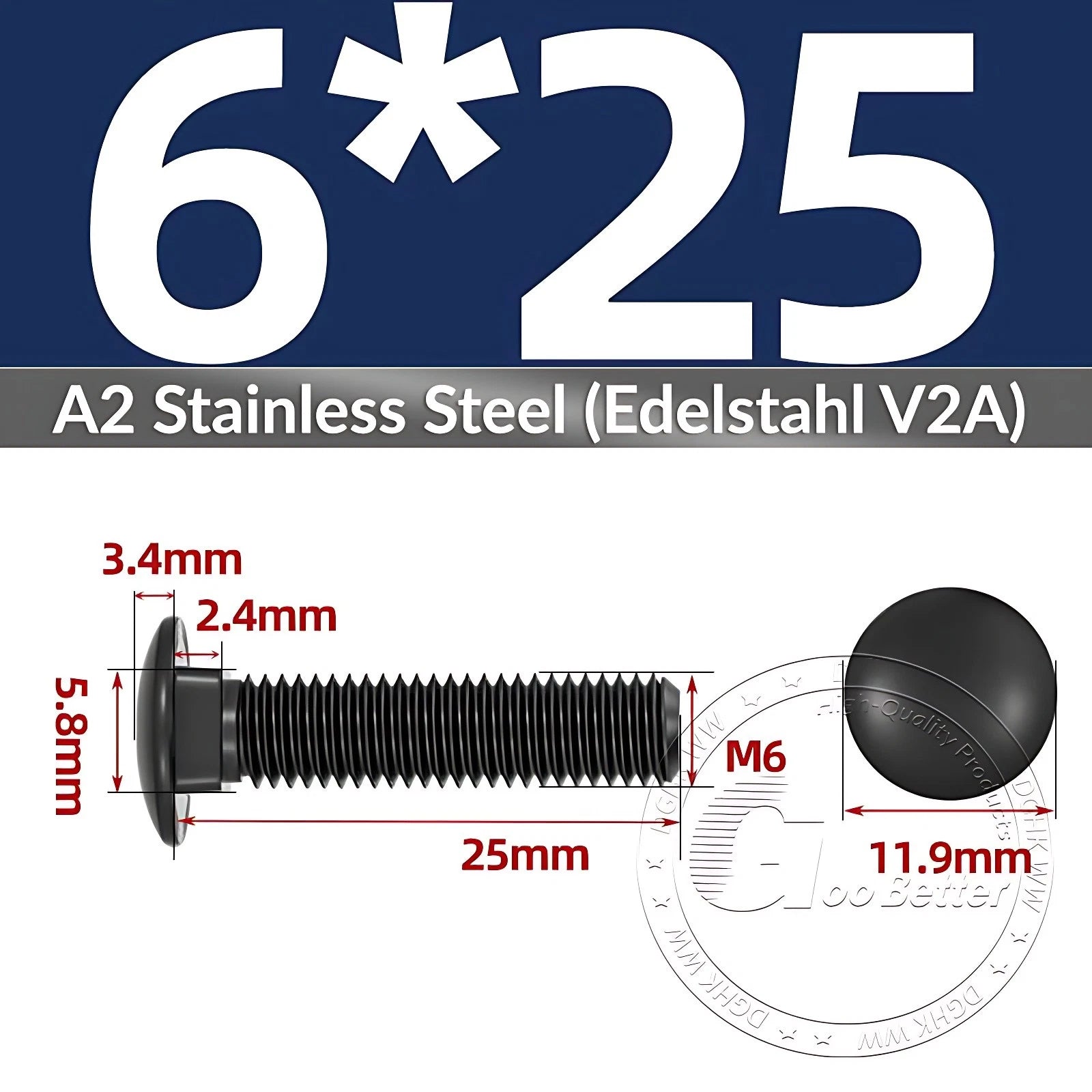 Black Stainless Steel Carriage Bolts M3–M12 | A2 Cup Square Dome Screws