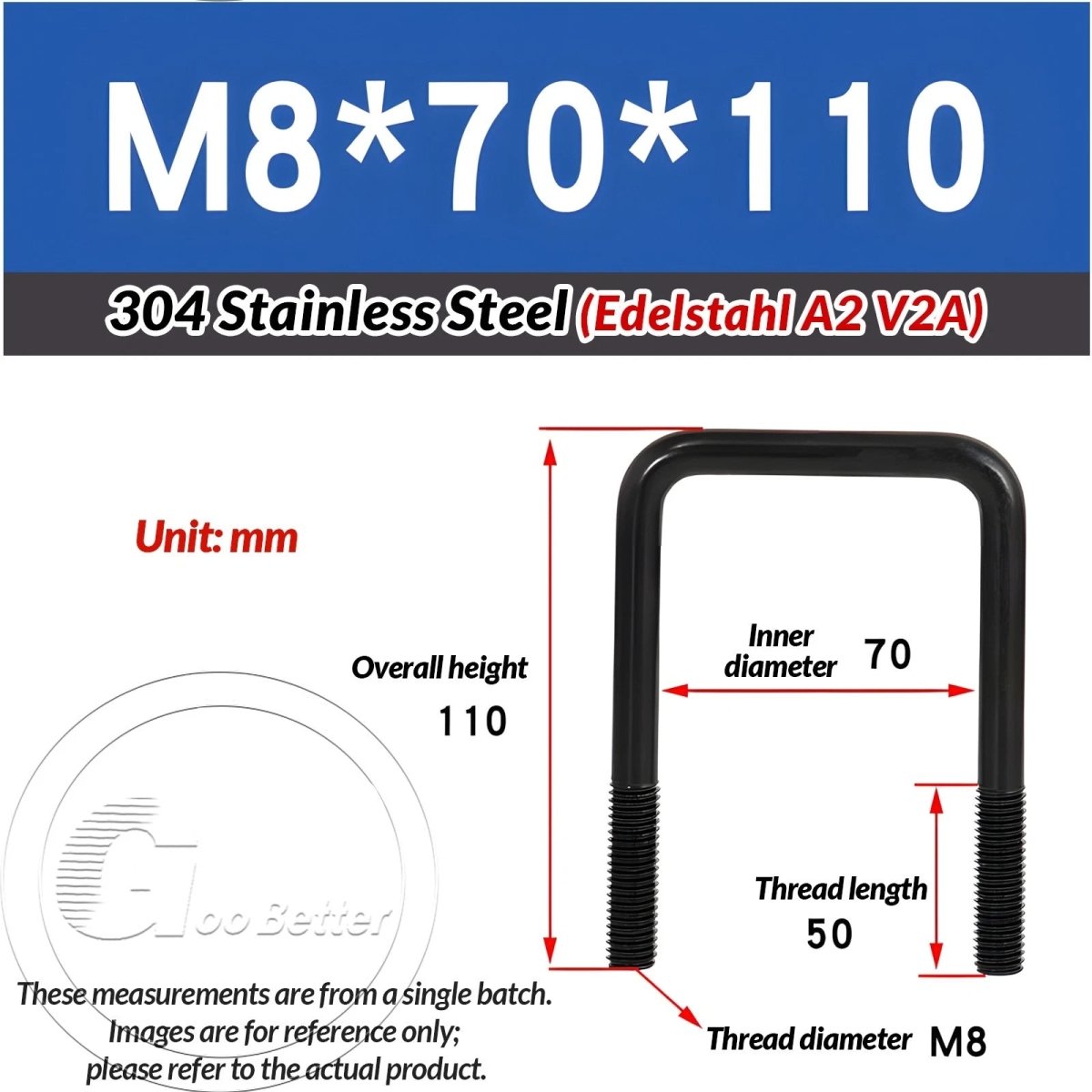 Black Square U - Bolts 304 Stainless Steel Fixing Clamp — M6 M8 M10 - HomeDIYer