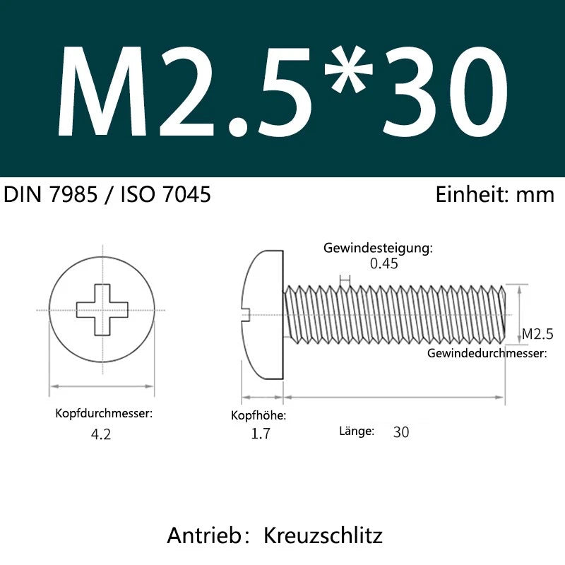 6063 Aluminium Phillips Pan Head Machine Screws DIN 7985 — M1.7 to M6 Metric