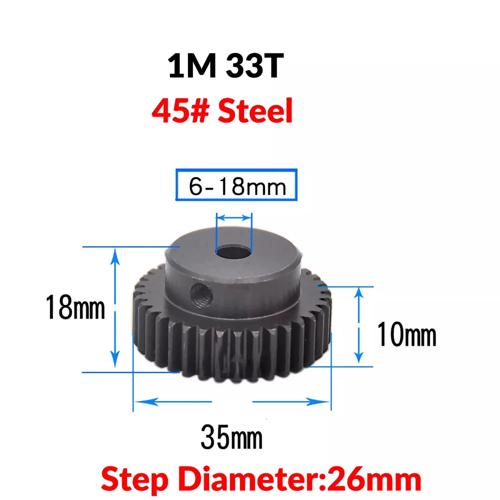 Mod 1 45# Steel Pinion Gear Spur Gears 10-60 T 14-50mm Bore With Step Motor Gear