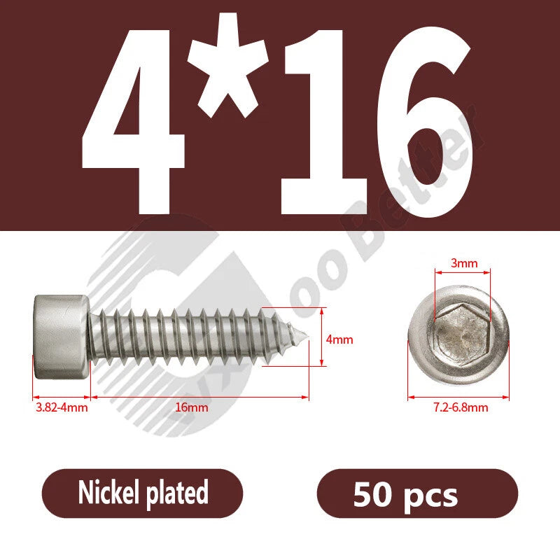 M1.7 M2 M2.3 M2.6 M3 M3.5 M4 M5 M6 Socket Head Self‑Tapping Screws – Alloy Steel, Nickel or Black Zinc