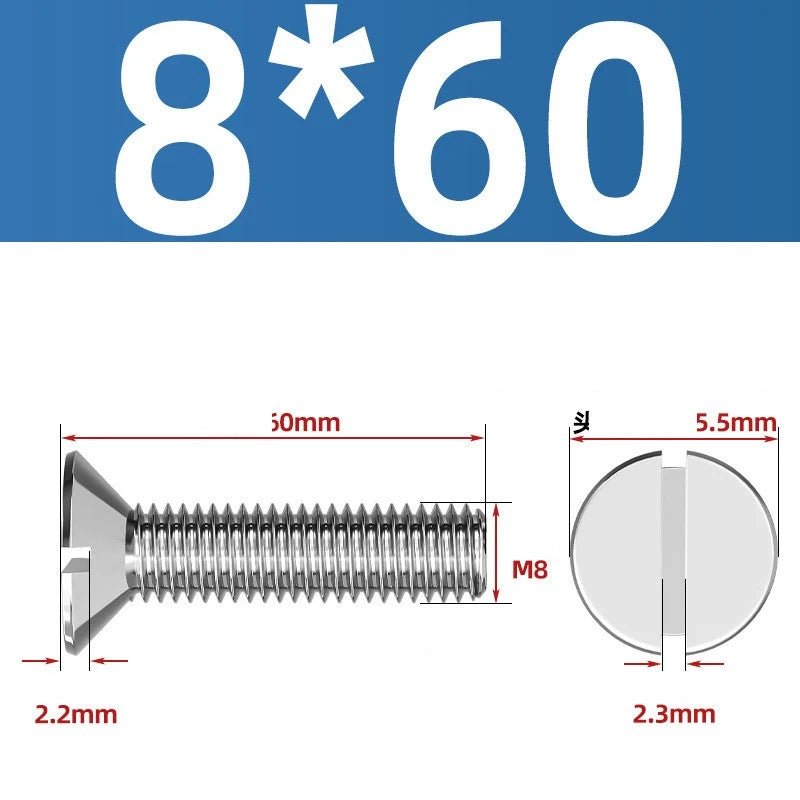 A2 Stainless Steel Slotted Countersunk Machine Screws — M1.6 to M10, Flat Head CSK Bolts - HomeDIYer
