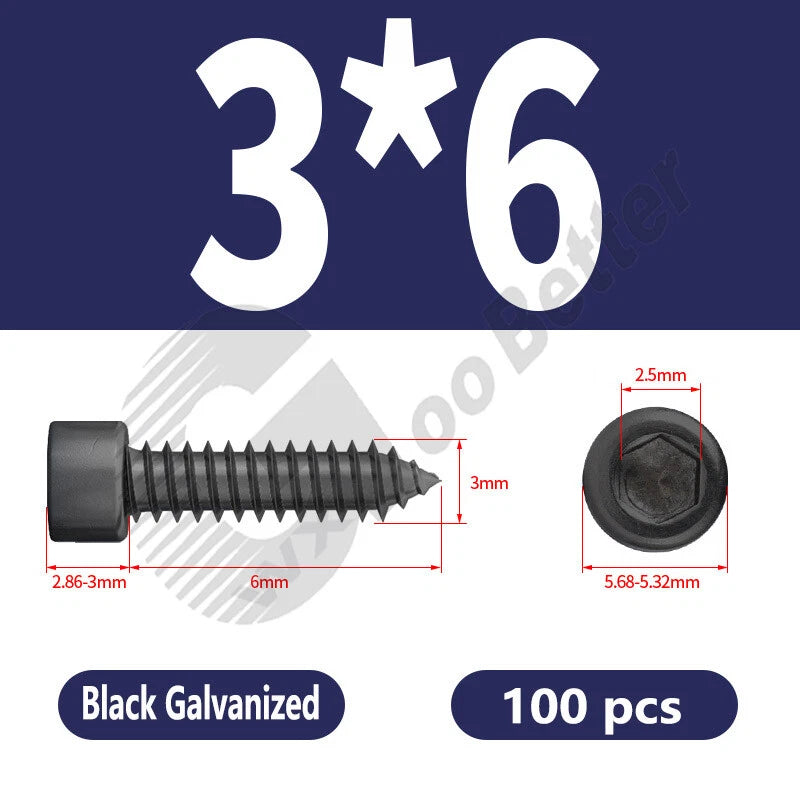 M1.7 M2 M2.3 M2.6 M3 M3.5 M4 M5 M6 Socket Head Self‑Tapping Screws – Alloy Steel, Nickel or Black Zinc