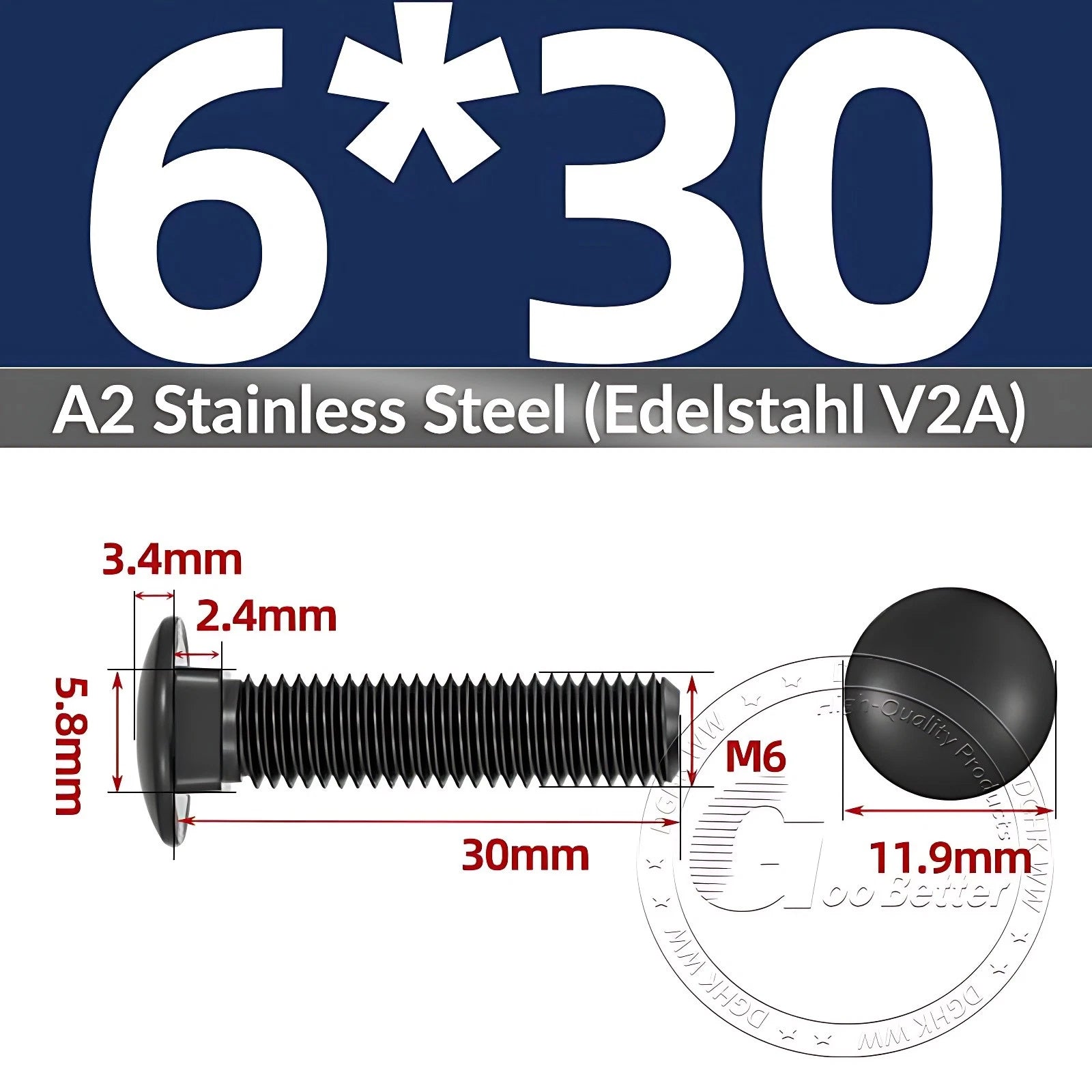 Black Stainless Steel Carriage Bolts M3–M12 | A2 Cup Square Dome Screws