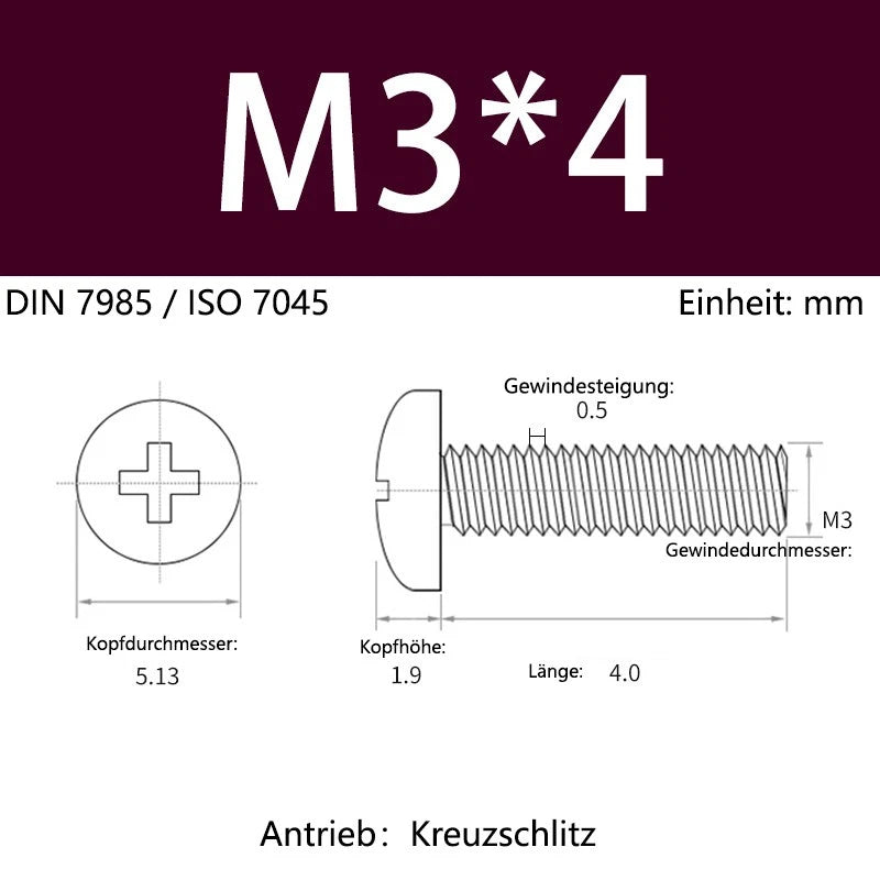 6063 Aluminium Phillips Pan Head Machine Screws DIN 7985 — M1.7 to M6 Metric