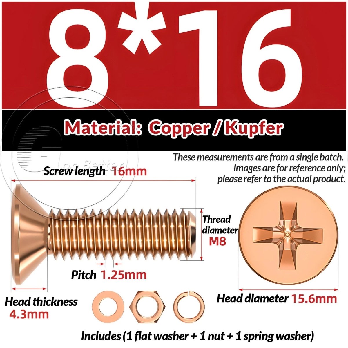 T2 Copper Pozi Countersunk Machine Screws with Flat Washer & Nut | M3–M10 - HomeDIYer