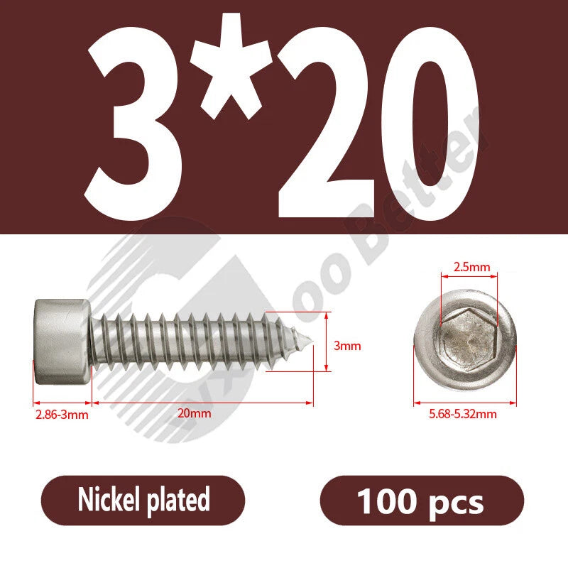 M1.7 M2 M2.3 M2.6 M3 M3.5 M4 M5 M6 Socket Head Self‑Tapping Screws – Alloy Steel, Nickel or Black Zinc