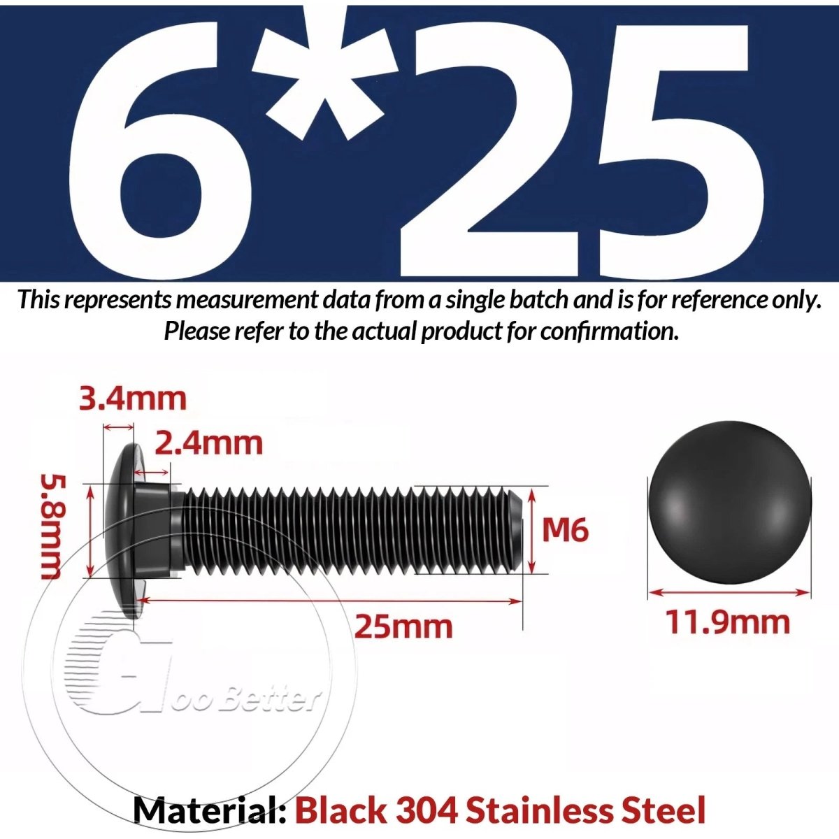 Black Carriage Bolts M3 M4 M5 M6 — Cup Square Domed Head, A2 - 70 Stainless Steel - HomeDIYer